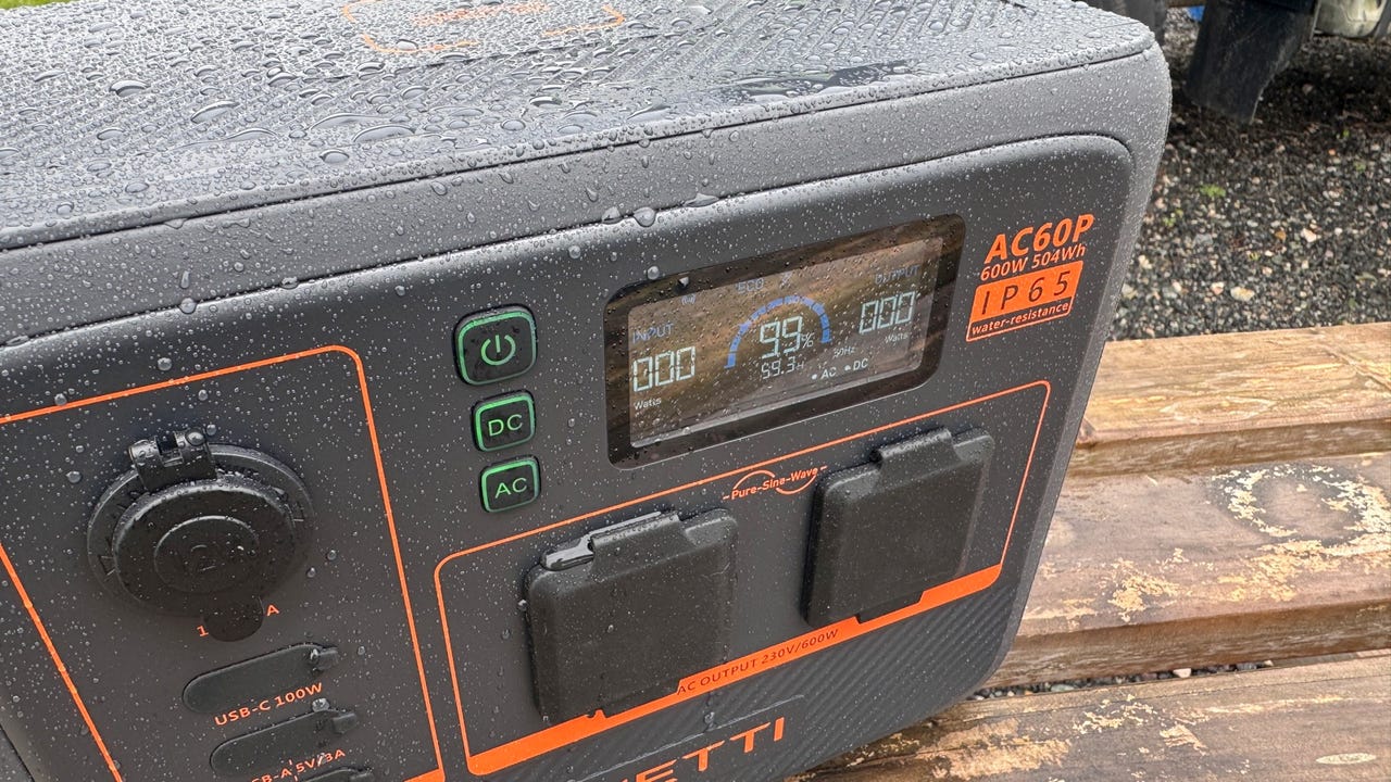 Bluetti AC60P power station out in the rain.