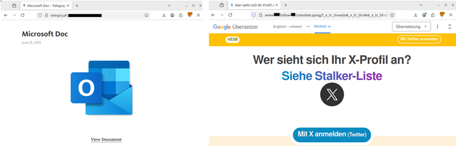 A phishing page mimicking an Office document hosted on Telegraph (left)  and an example of a phishing page hidden behind a URL provided by Google Translate (right)
